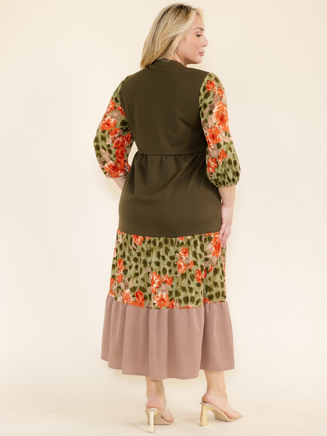 PLUS SIZE 3/4 SLEEVE FRONT POCKETS ANIMAL PRINT COLORBLOCK MAXI DRESS