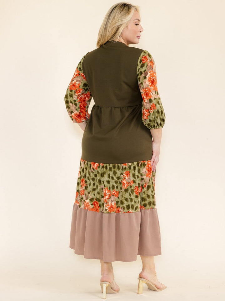 PLUS SIZE 3/4 SLEEVE FRONT POCKETS ANIMAL PRINT COLORBLOCK MAXI DRESS