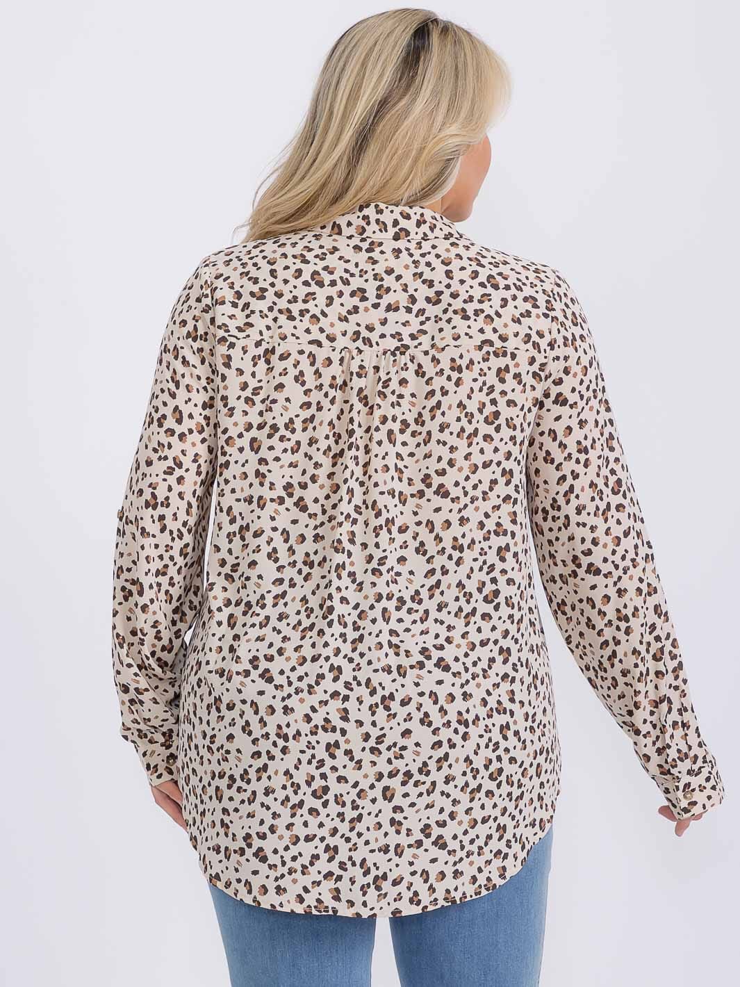 PLUS SIZE LONG SLEEVE BUTTON UP ANIMAL PRINT BLOUSE