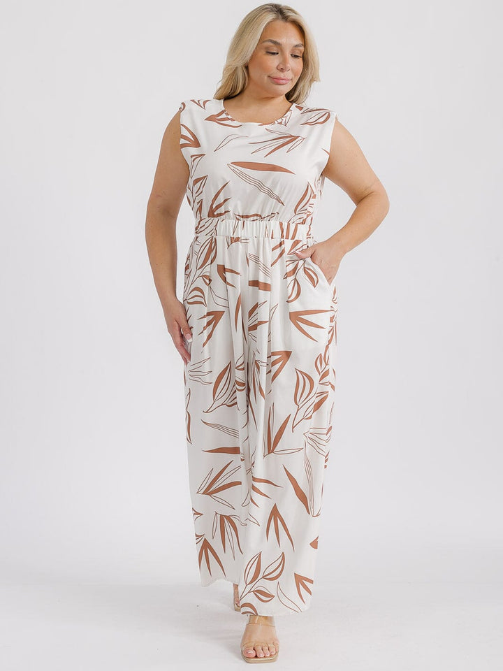PLUS SIZE SLEEVELESS ELASTIC WAIST FRONT POCKETS LEAF PRINT WIDE LEG JUMPSUIT