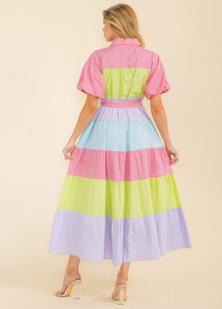 WOMEN'S SHORT SLEEVE BUTTON UP TIERED COLORBLOCK MAXI DRESS