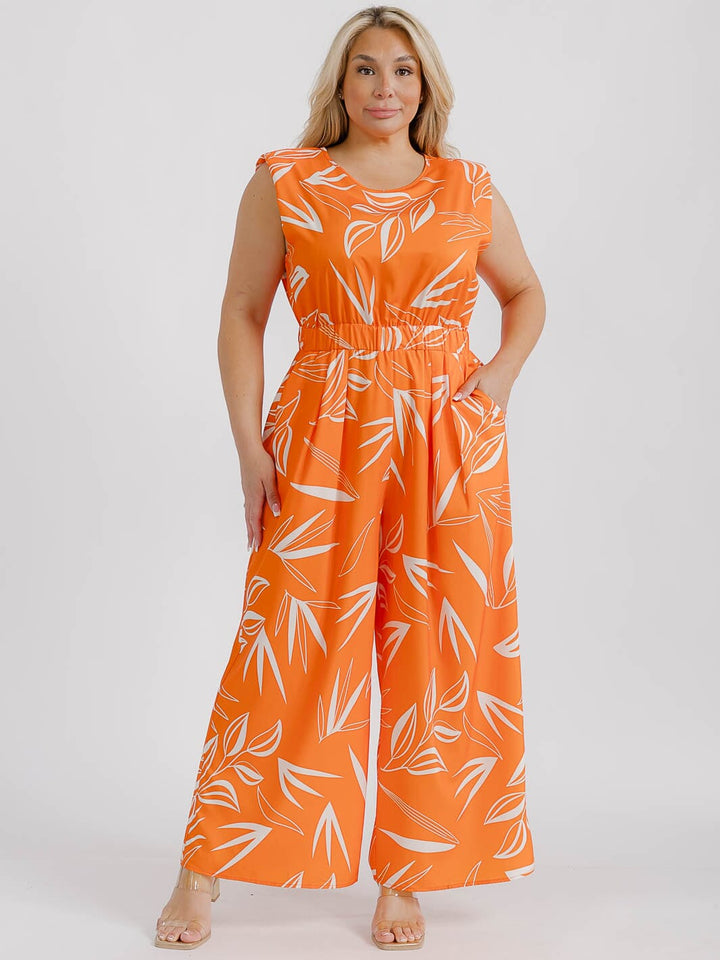 PLUS SIZE SLEEVELESS ELASTIC WAIST FRONT POCKETS LEAF PRINT WIDE LEG JUMPSUIT