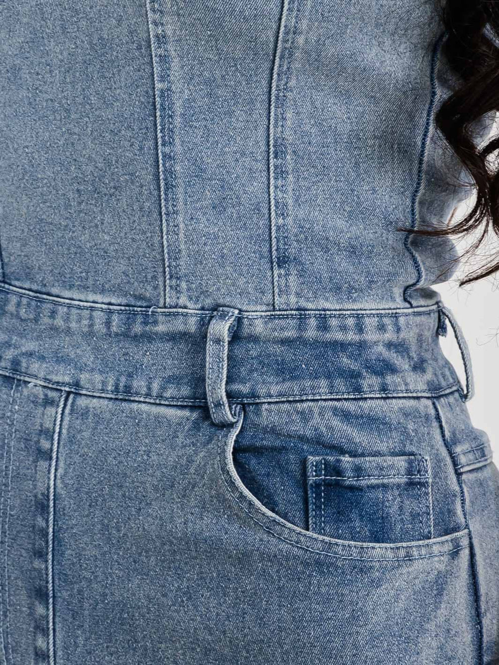 WOMEN'S SLEEVELESS POCKETS STRETCH WIDE LEG DENIM JUMPSUIT