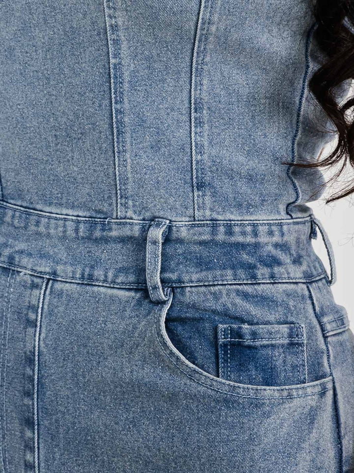 WOMEN'S SLEEVELESS POCKETS STRETCH WIDE LEG DENIM JUMPSUIT