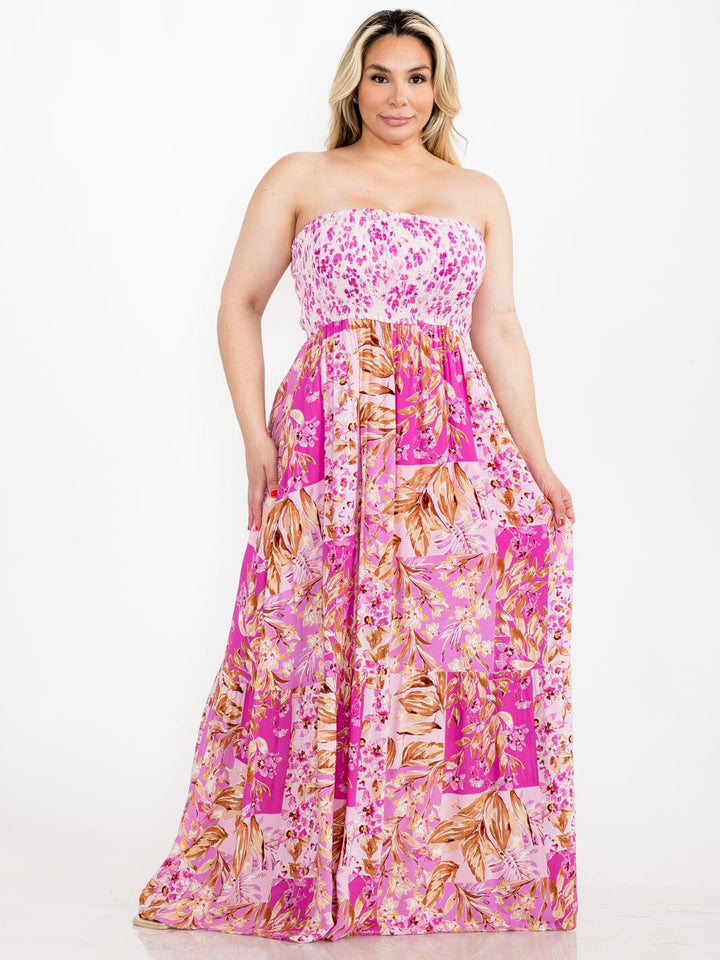 PLUS SIZE SLEEVELESS SMOCK FLORAL MAXI DRESS