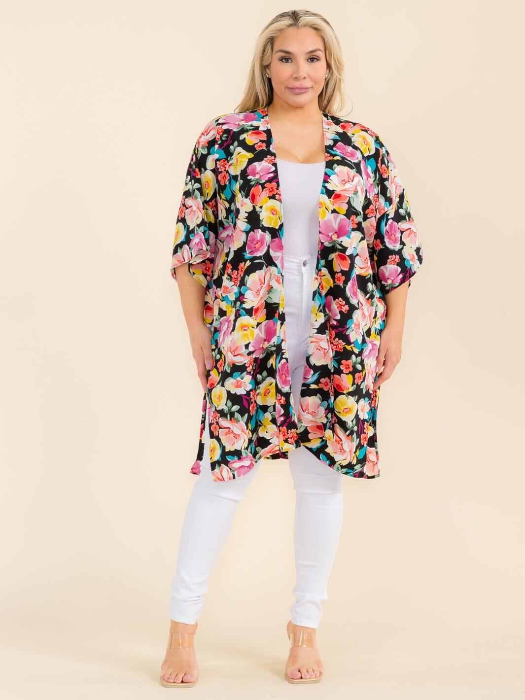 PLUS SIZE SHORT SLEEVE OPEN FRONT FLORAL PRINT CARDIGAN
