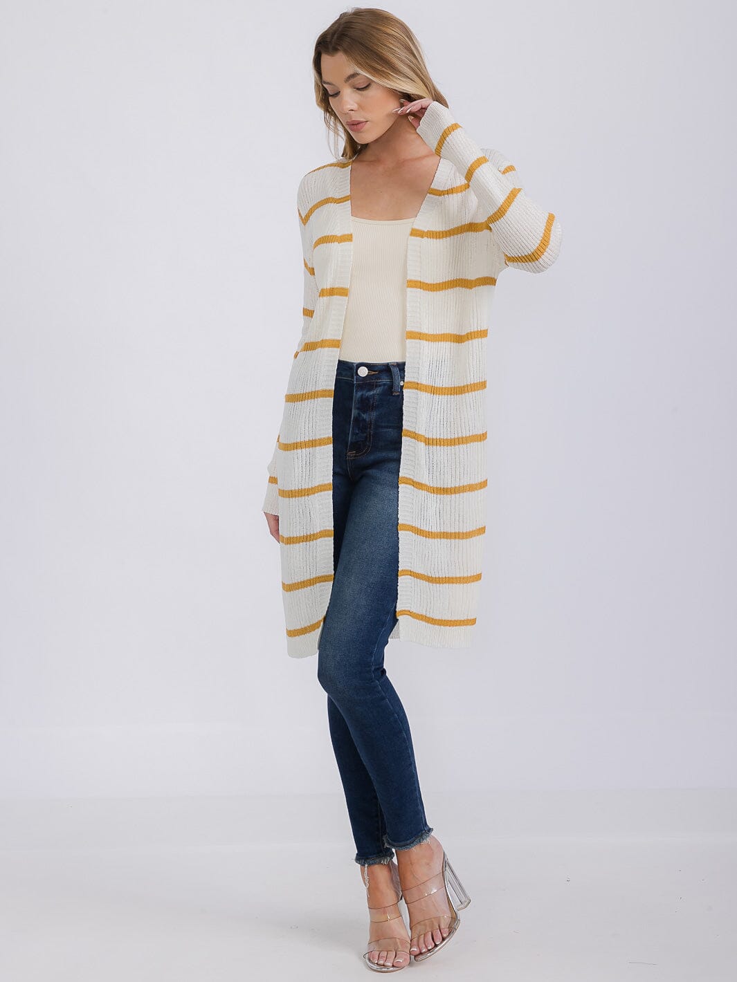 WOMEN'S LONG SLEEVE OPEN COLORBLOCK STRIPES KNIT CARDIGAN