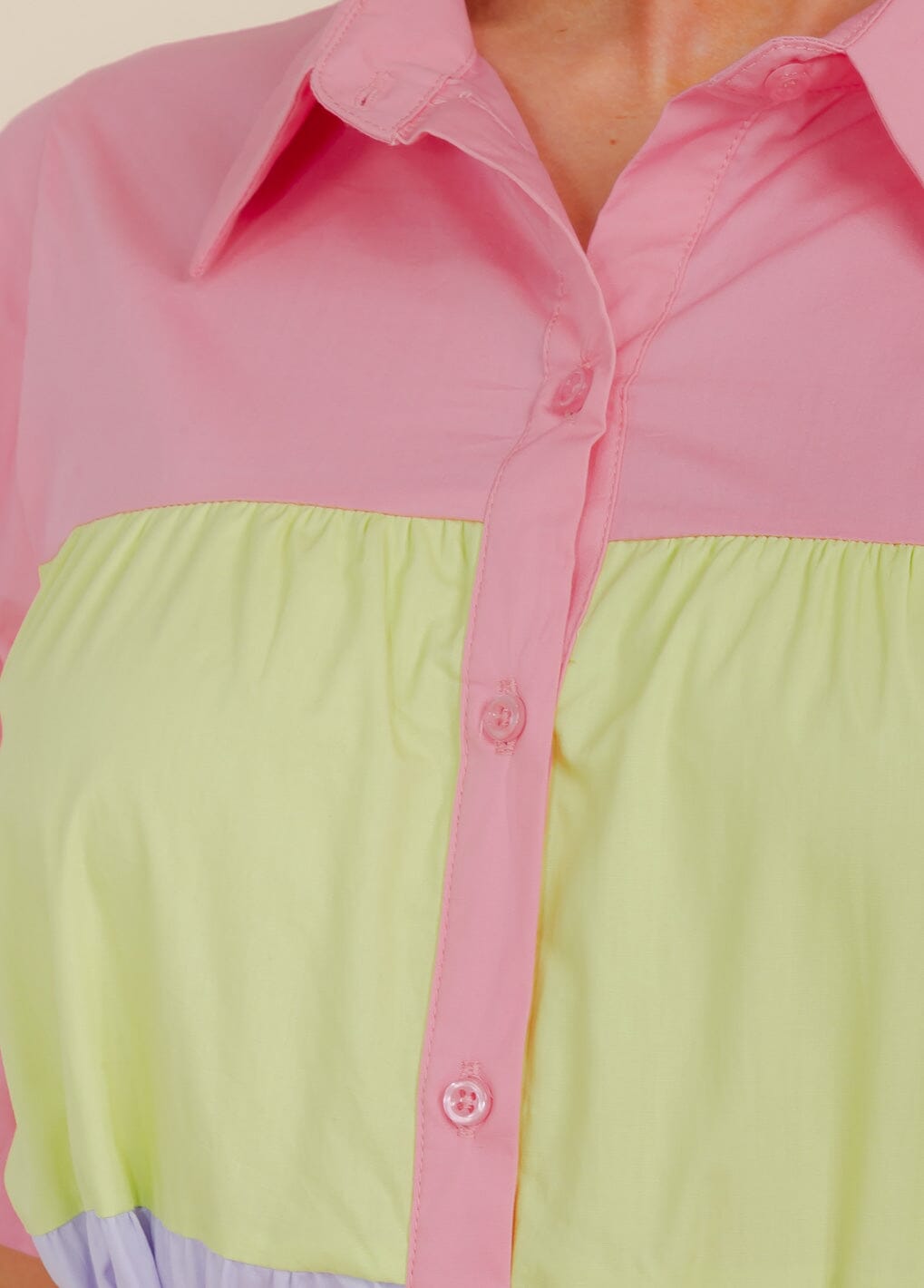 WOMEN'S SHORT SLEEVE BUTTON UP TIERED COLORBLOCK MAXI DRESS