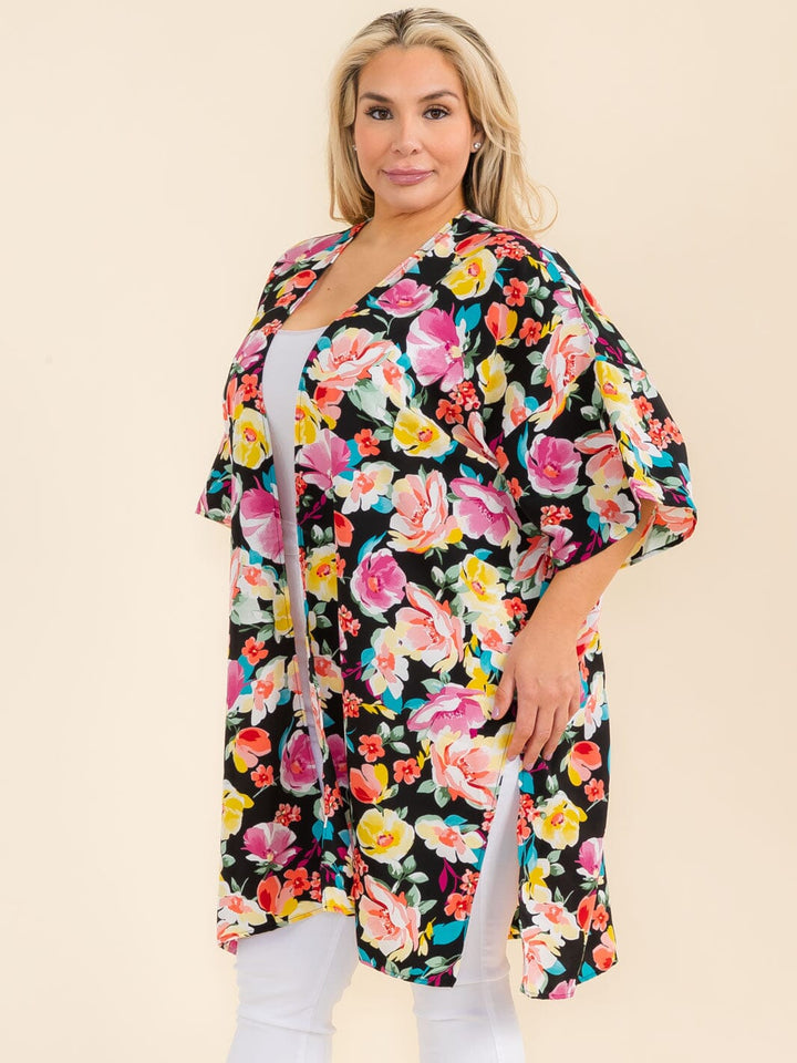 PLUS SIZE SHORT SLEEVE OPEN FRONT FLORAL PRINT CARDIGAN
