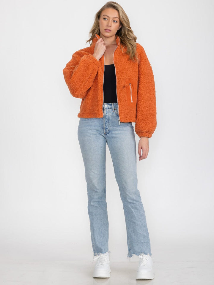 WOMEN'S LONG SLEEVE ZIP UP FRONT POCKETS SHERPA JACKET