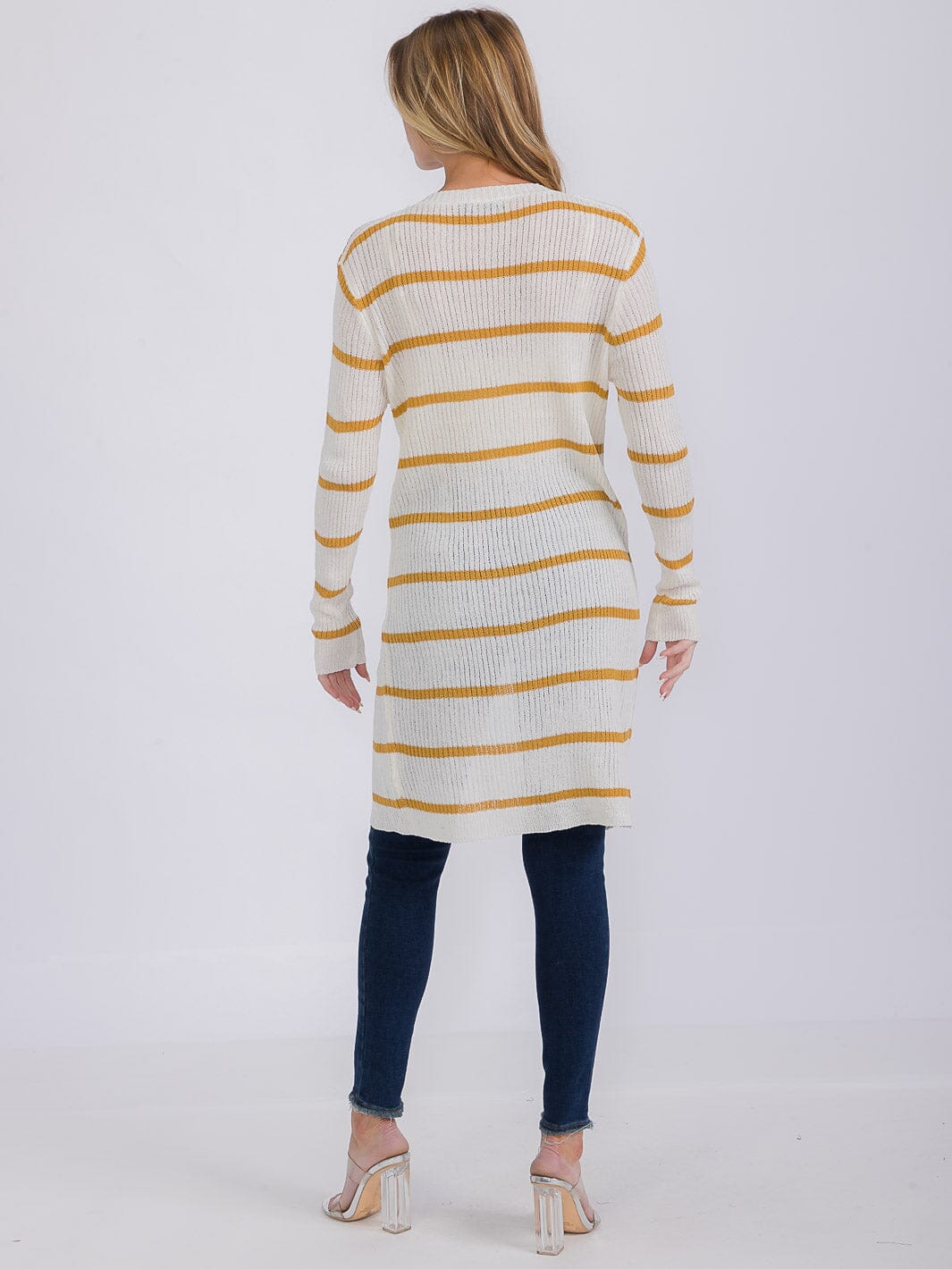 WOMEN'S LONG SLEEVE OPEN COLORBLOCK STRIPES KNIT CARDIGAN