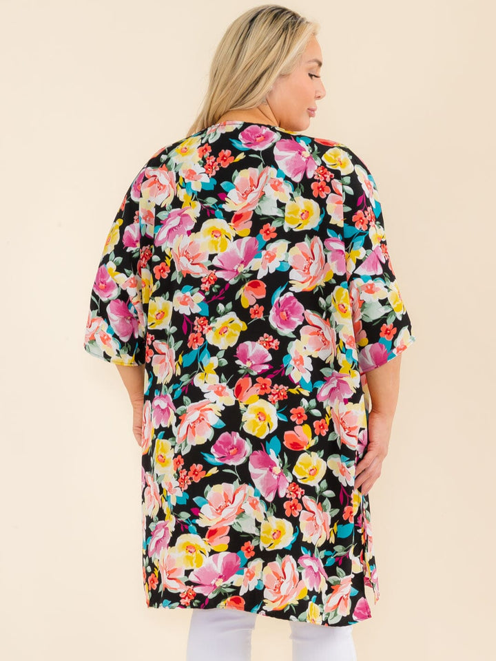 PLUS SIZE SHORT SLEEVE OPEN FRONT FLORAL PRINT CARDIGAN