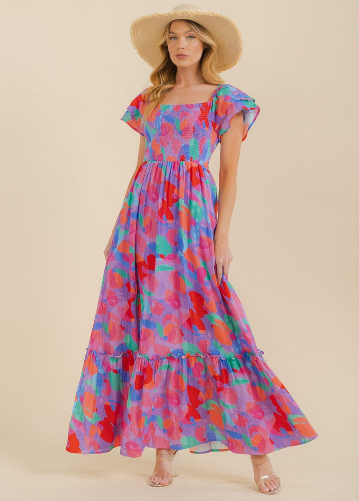 WOMEN'S SHORT SLEEVE SMOCK TIERED COLORBLOCK MAXI DRESS