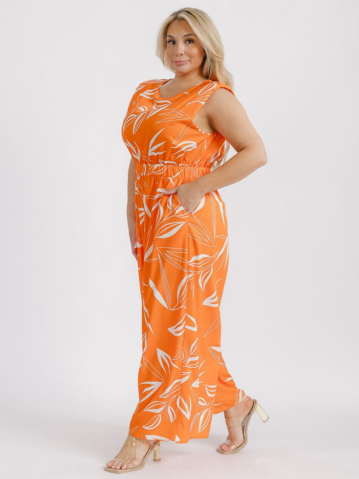 PLUS SIZE SLEEVELESS ELASTIC WAIST FRONT POCKETS LEAF PRINT WIDE LEG JUMPSUIT
