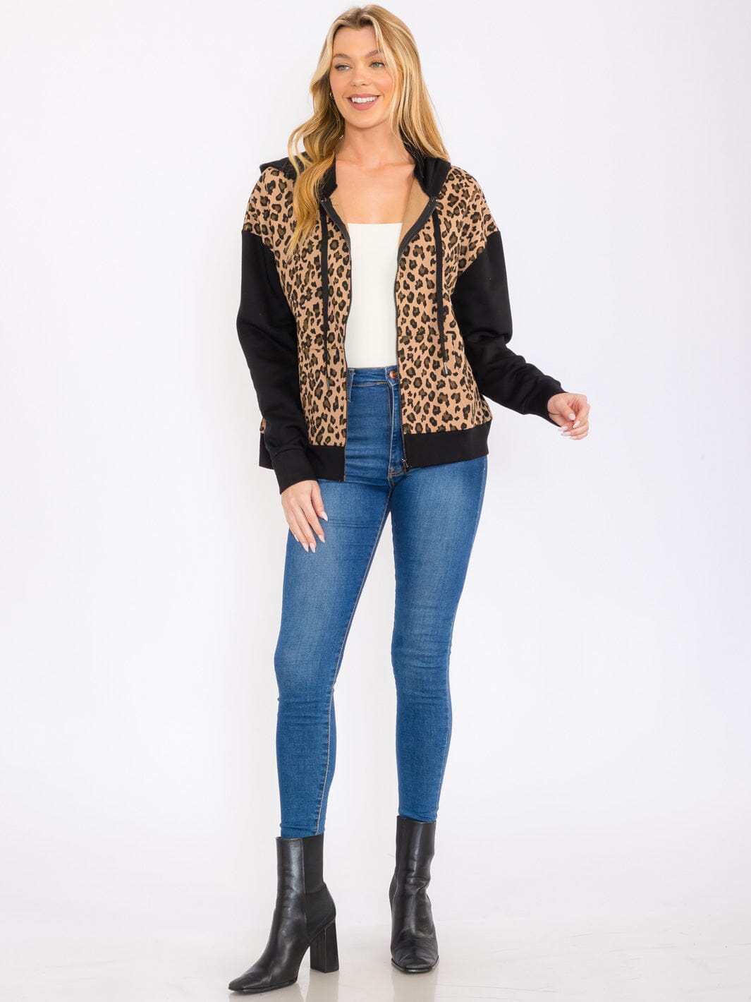 WOMEN'S LONG SLEEVE ZIP UP FRONT POCKETS ANIMAL PRINT HOODED JACKET