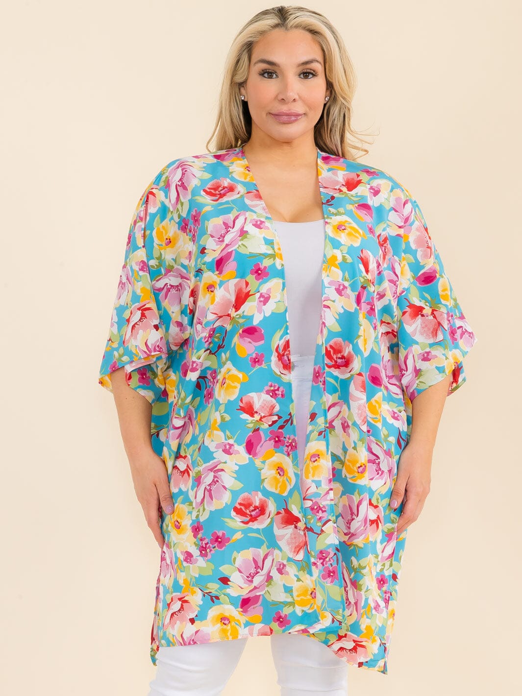 PLUS SIZE SHORT SLEEVE OPEN FRONT FLORAL PRINT CARDIGAN