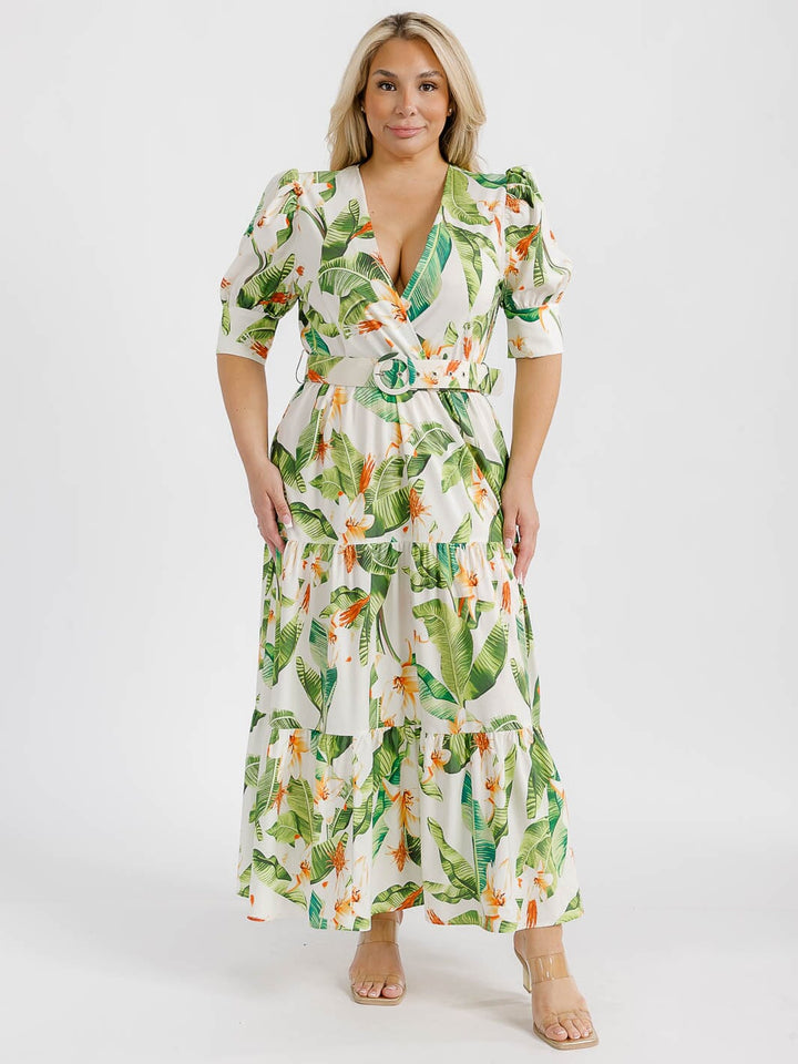 PLUS SIZE SHORT PUFF SLEEVE SURPLICE TIERED FLORAL BELTED MAXI DRESS