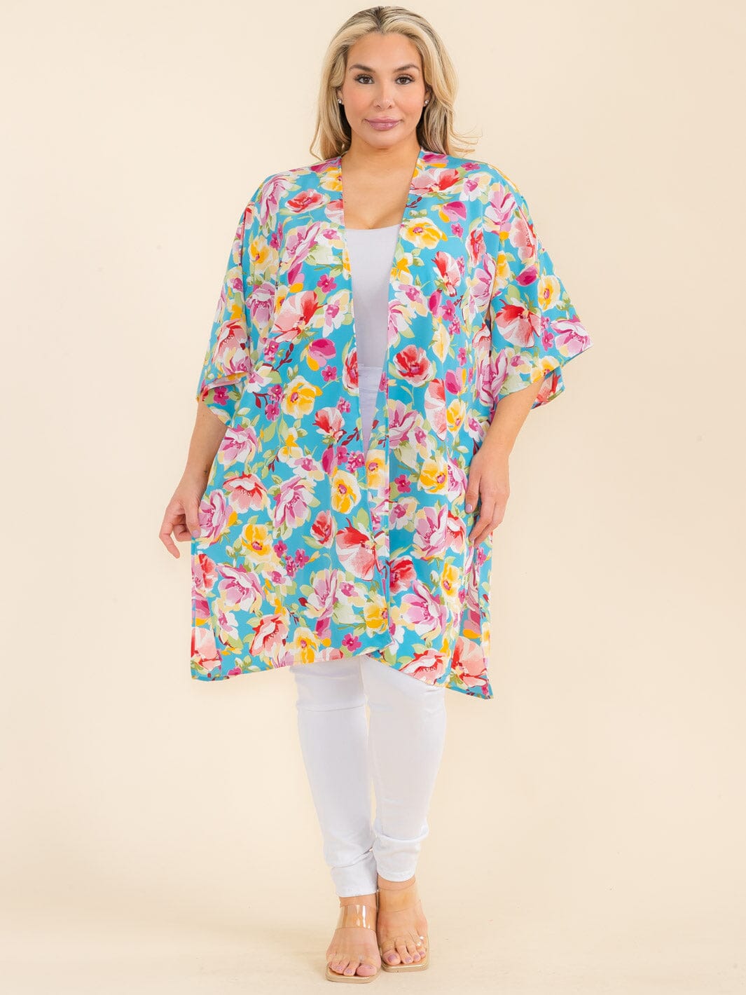 PLUS SIZE SHORT SLEEVE OPEN FRONT FLORAL PRINT CARDIGAN