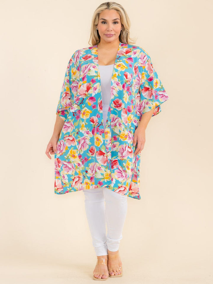 PLUS SIZE SHORT SLEEVE OPEN FRONT FLORAL PRINT CARDIGAN