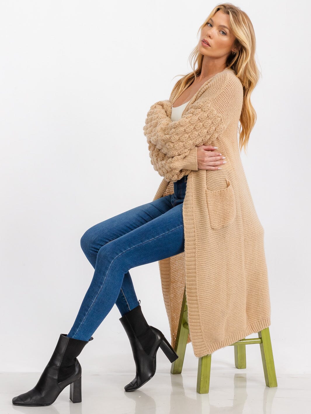 WOMEN'S LONG DETAILED SLEEVE OPEN FRONT POCKETS CARDIGAN