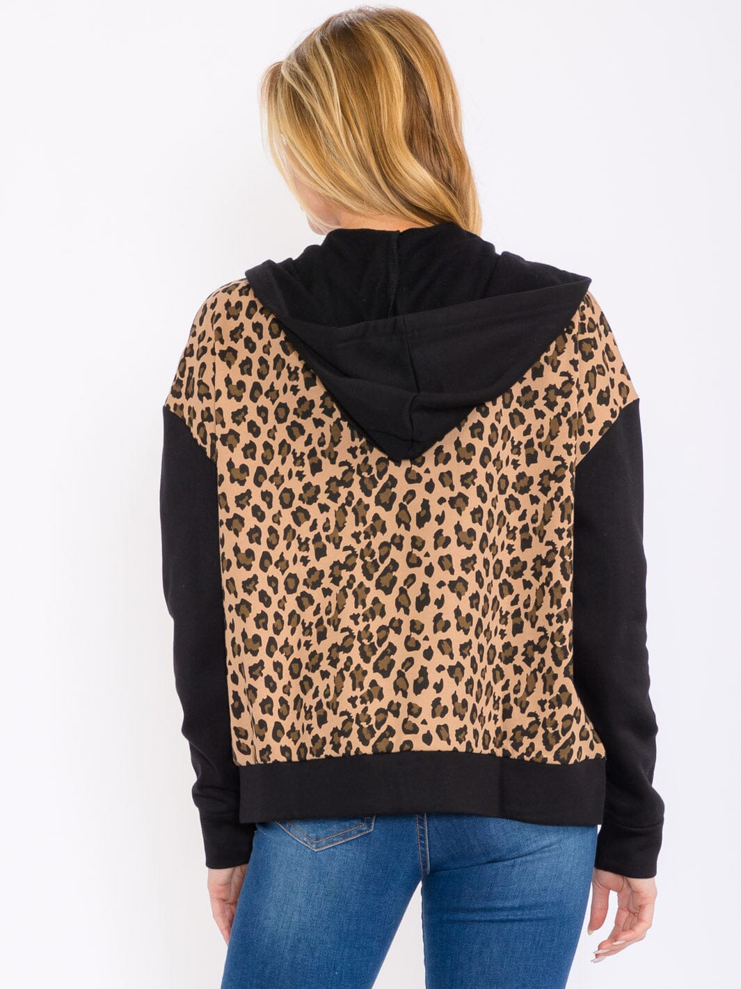 WOMEN'S LONG SLEEVE ZIP UP FRONT POCKETS ANIMAL PRINT HOODED JACKET
