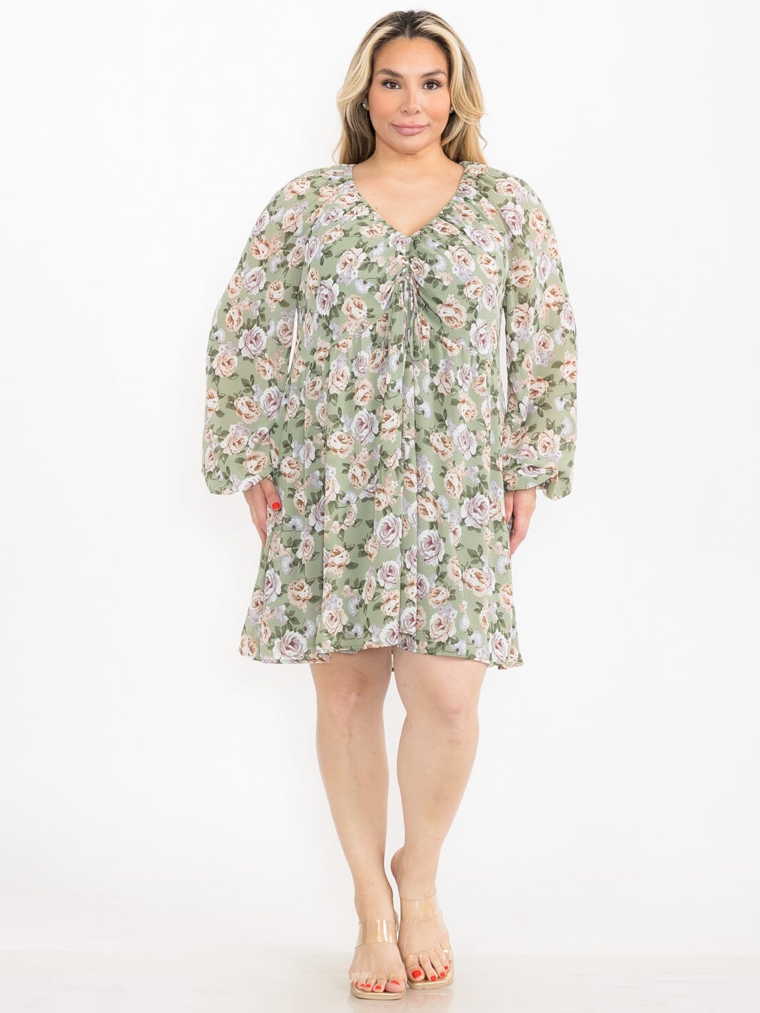 PLUS SIZE LONG PUFF SLEEVE V-NECK RUCHING FRONT FLORAL MINI DRESS