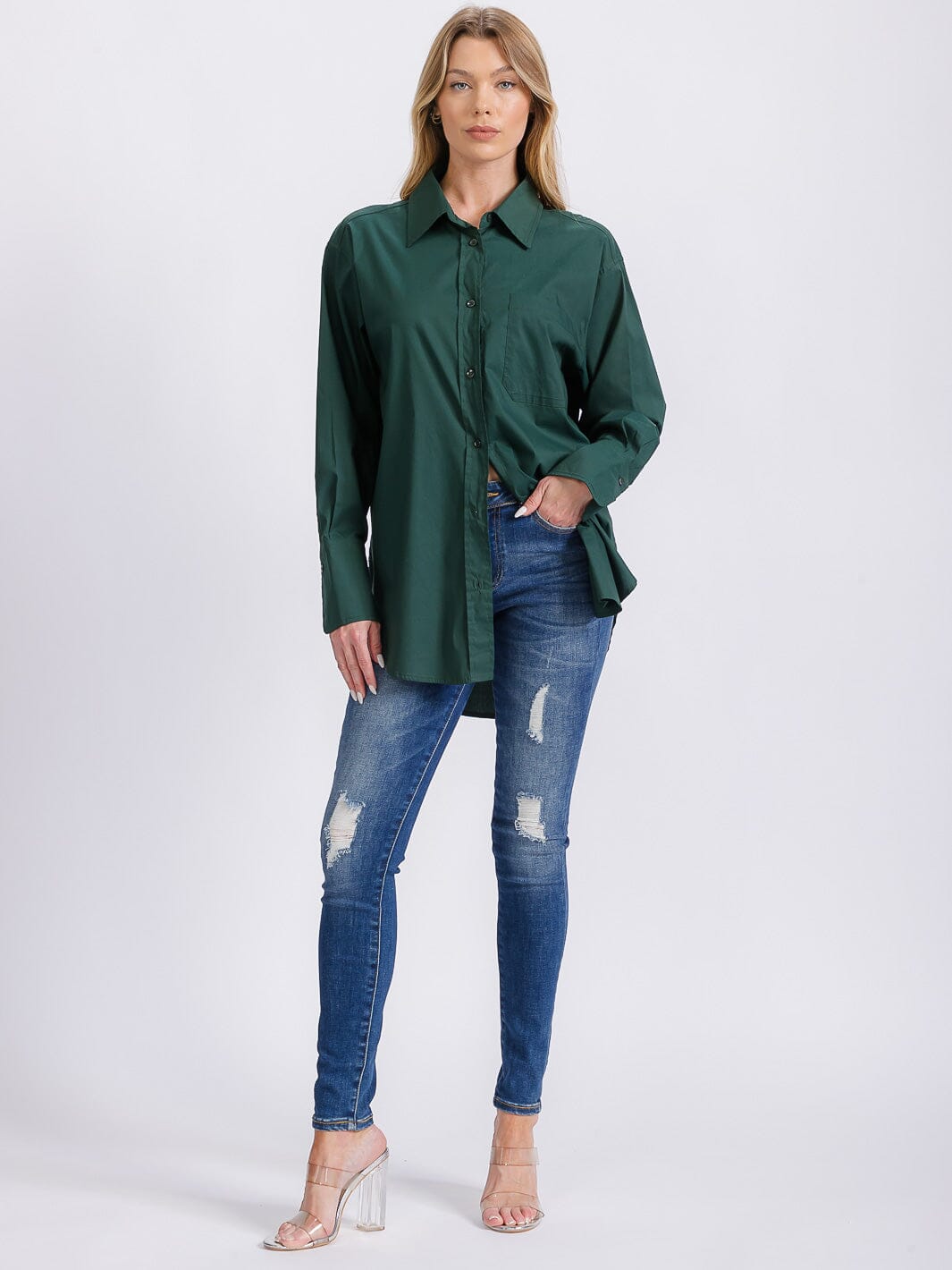 WOMEN'S LONG SLEEVE BUTTON CLOSURE SOLID HIGH-LOW BLOUSE
