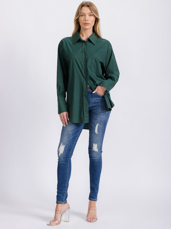 WOMEN'S LONG SLEEVE BUTTON CLOSURE SOLID HIGH-LOW BLOUSE