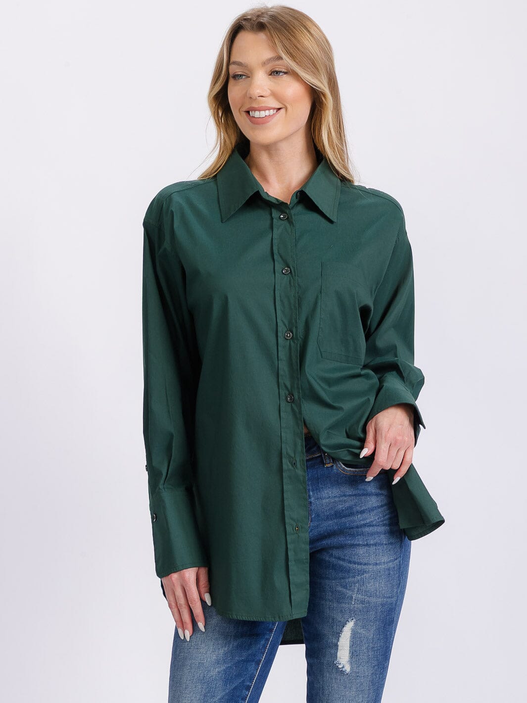 WOMEN'S LONG SLEEVE BUTTON CLOSURE SOLID HIGH-LOW BLOUSE