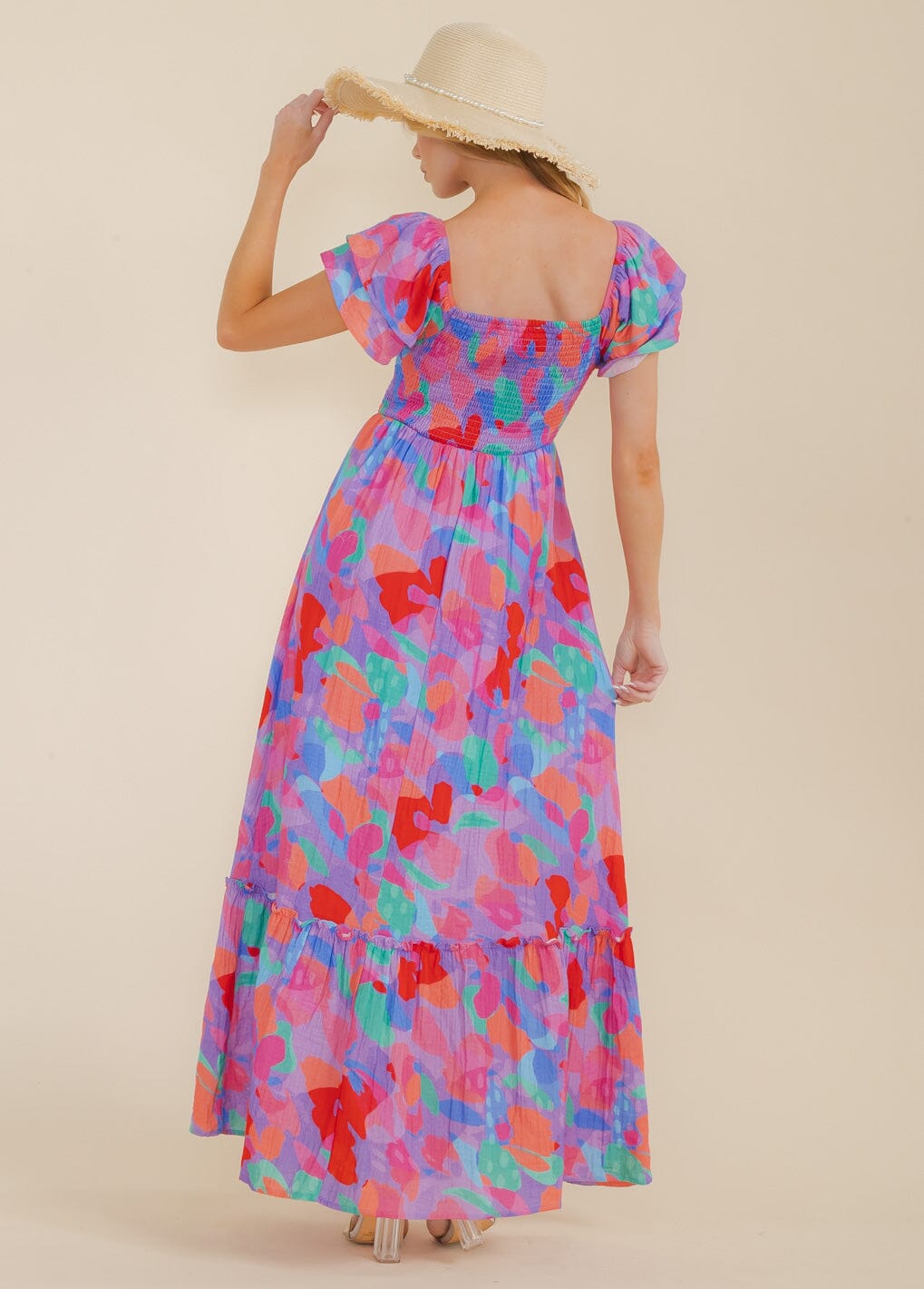 WOMEN'S SHORT SLEEVE SMOCK TIERED COLORBLOCK MAXI DRESS