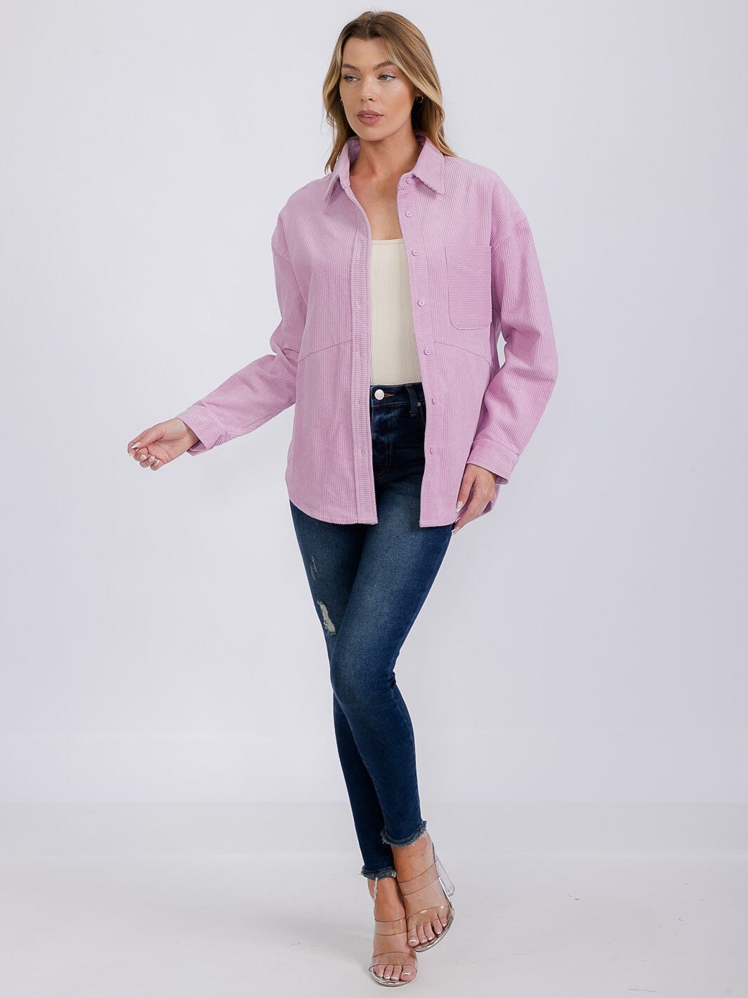 WOMEN'S LONG SLEEVE BUTTON CLOSURE FRONT POCKET CORDUROY TOP