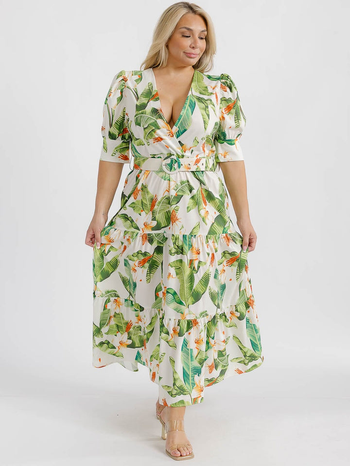 PLUS SIZE SHORT PUFF SLEEVE SURPLICE TIERED FLORAL BELTED MAXI DRESS