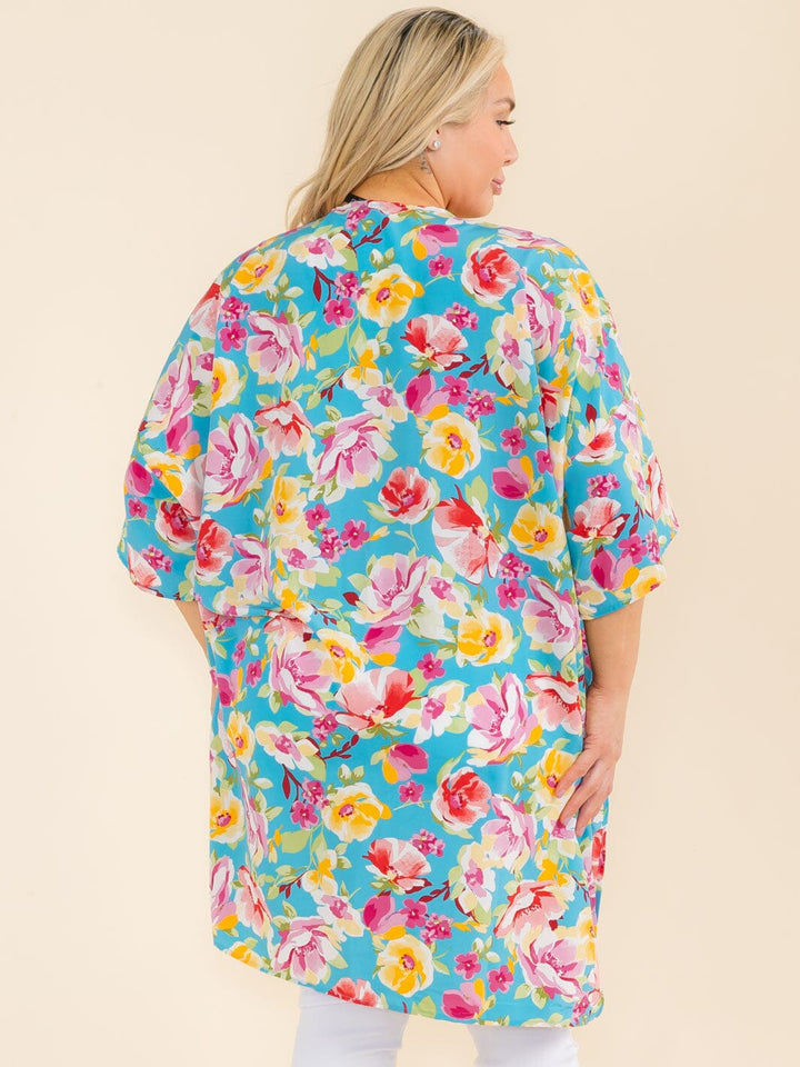 PLUS SIZE SHORT SLEEVE OPEN FRONT FLORAL PRINT CARDIGAN