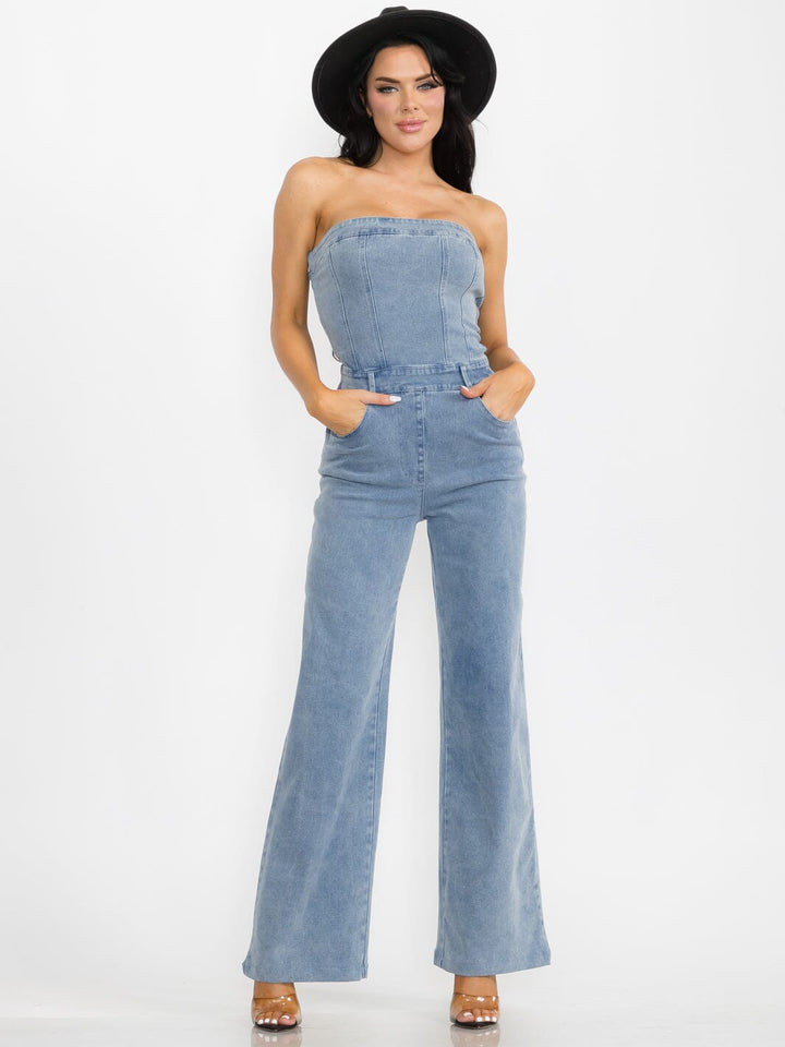 WOMEN'S SLEEVELESS POCKETS STRETCH WIDE LEG DENIM JUMPSUIT