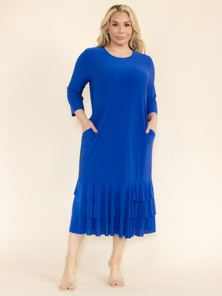 PLUS SIZE 3/4 SLEEVE FRONT POCKETS TIERED RUFFLE BOTTOM HEM MAXI DRESS