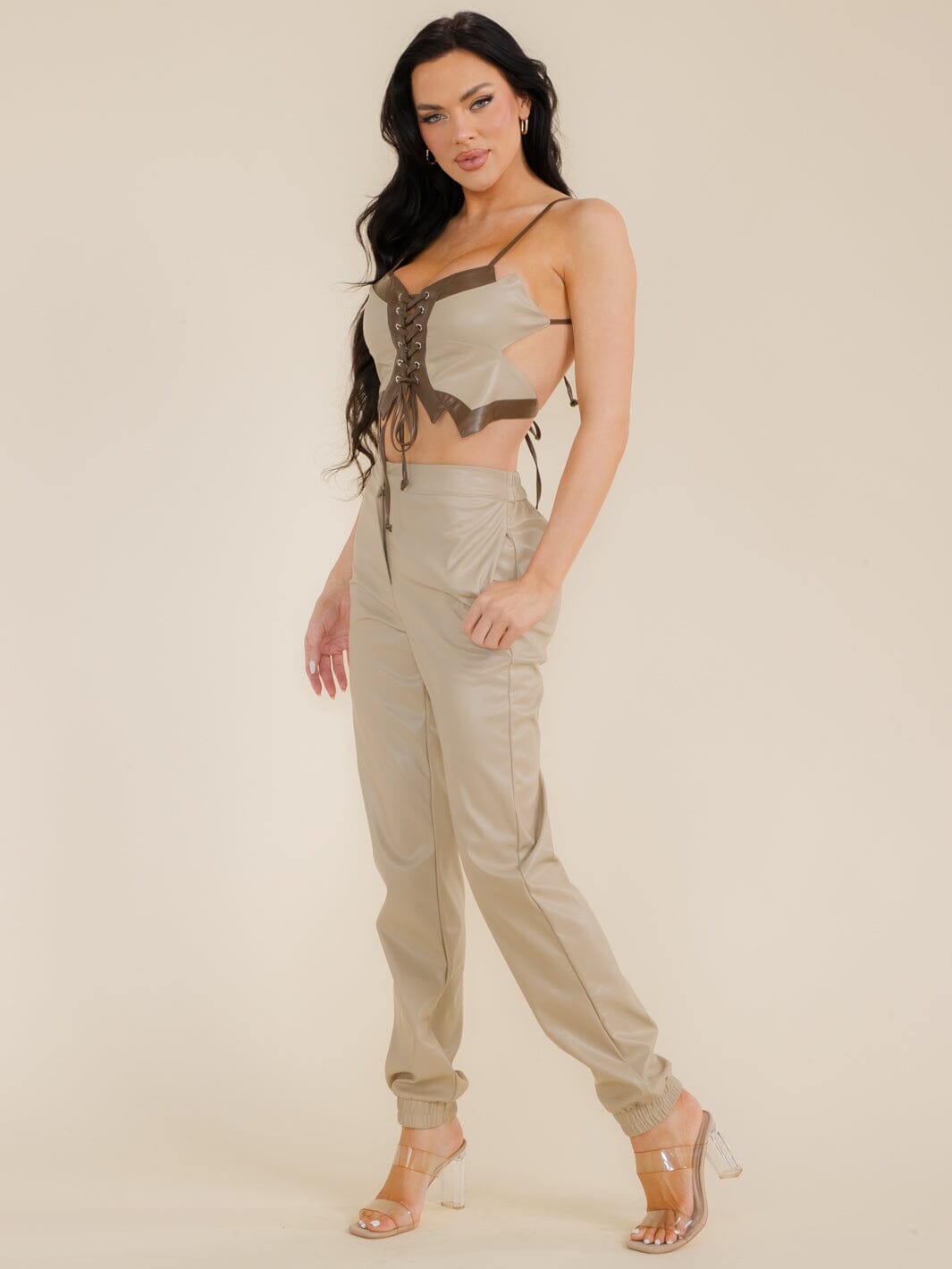 WOMEN'S SLEEVELESS CROP TOP & JOGGER PANTS PU PLEATHER 2PC SETS