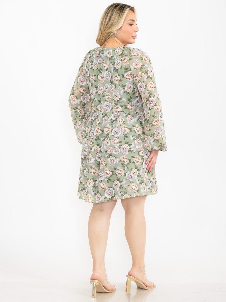 PLUS SIZE LONG PUFF SLEEVE V-NECK RUCHING FRONT FLORAL MINI DRESS