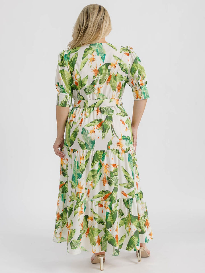 PLUS SIZE SHORT PUFF SLEEVE SURPLICE TIERED FLORAL BELTED MAXI DRESS