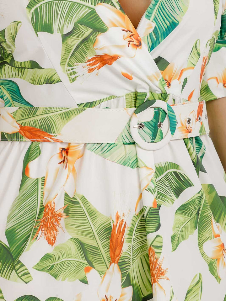 PLUS SIZE SHORT PUFF SLEEVE SURPLICE TIERED FLORAL BELTED MAXI DRESS