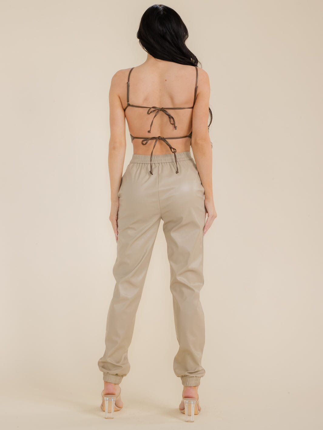 WOMEN'S SLEEVELESS CROP TOP & JOGGER PANTS PU PLEATHER 2PC SETS