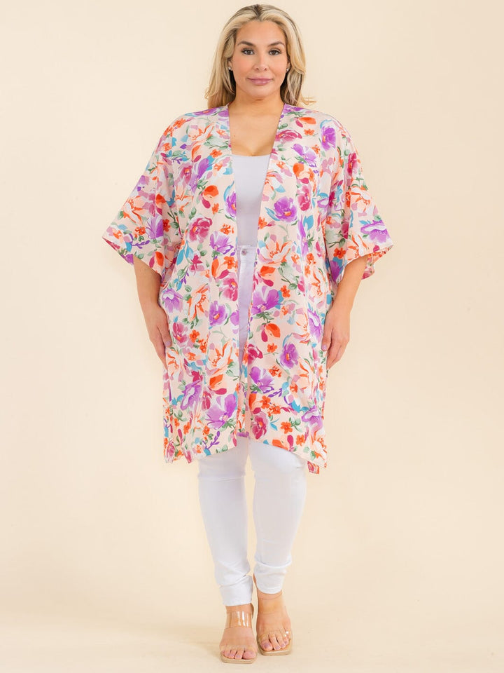 PLUS SIZE SHORT SLEEVE OPEN FRONT FLORAL PRINT CARDIGAN