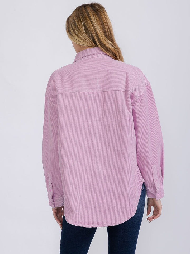 WOMEN'S LONG SLEEVE BUTTON CLOSURE FRONT POCKET CORDUROY TOP