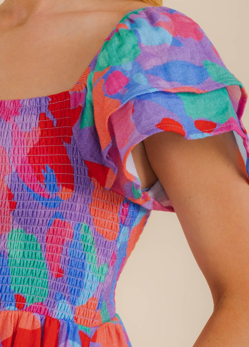 WOMEN'S SHORT SLEEVE SMOCK TIERED COLORBLOCK MAXI DRESS