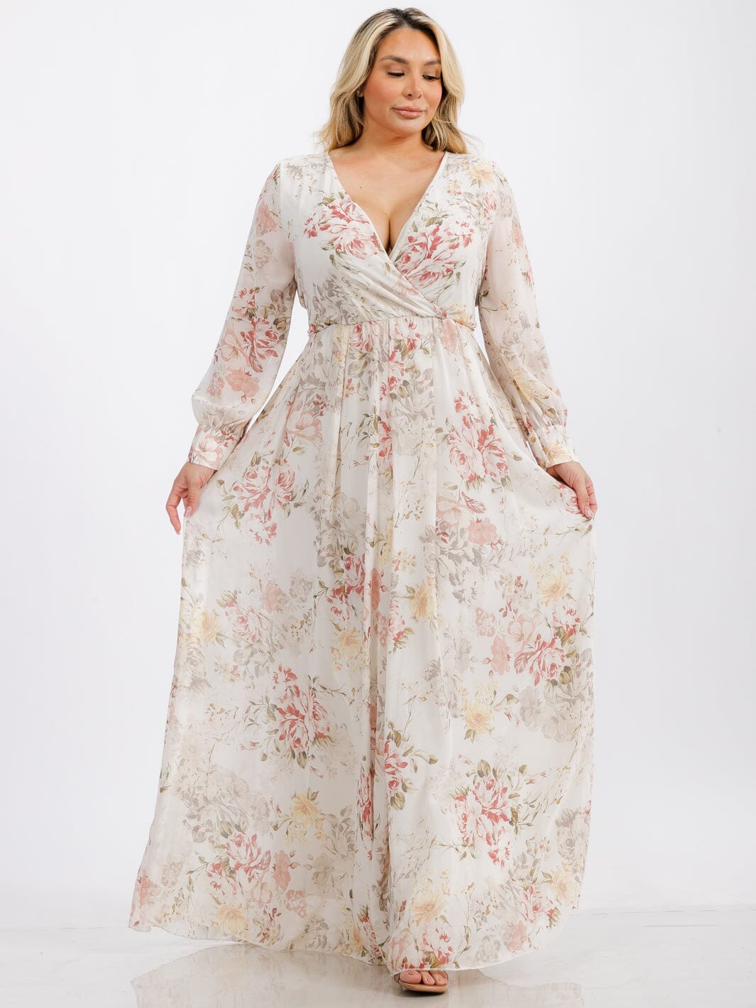 PLUS SIZE LONG SLEEVE SURPLICE SELF TIE FLORAL MAXI DRESS