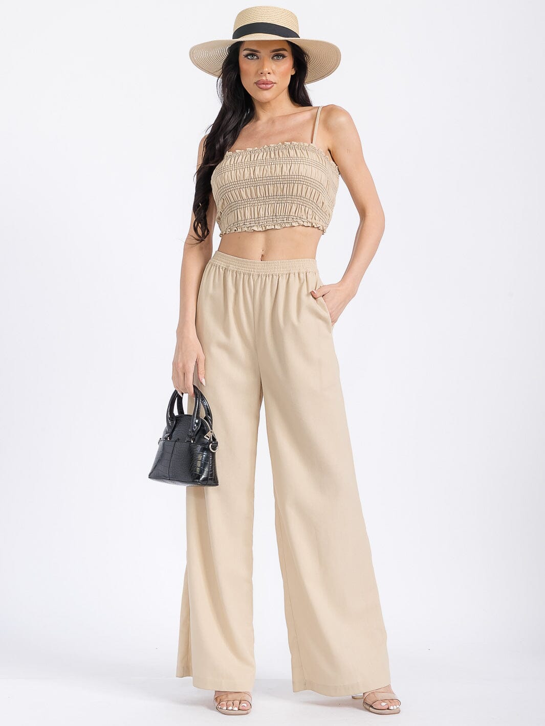 WOMEN'S CROP SMOCK TOP & ELASTIC WAIST PANTS SOLID 2PC. SET