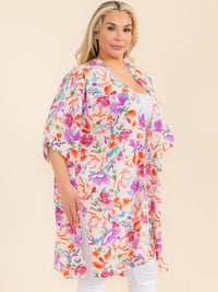 PLUS SIZE SHORT SLEEVE OPEN FRONT FLORAL PRINT CARDIGAN