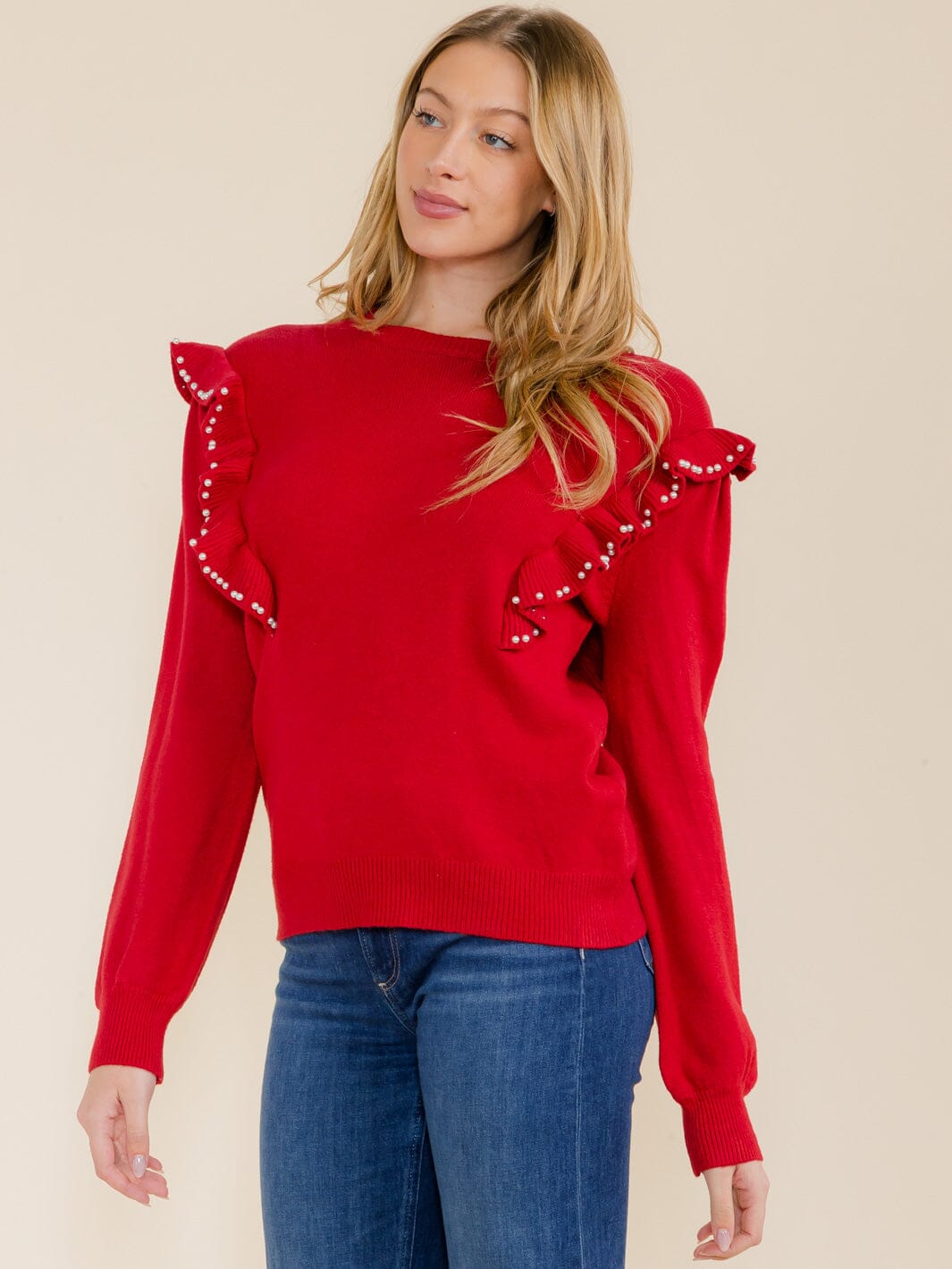 WOMEN'S LONG SLEEVE RUFFLE PEARL TRIM BLOUSE