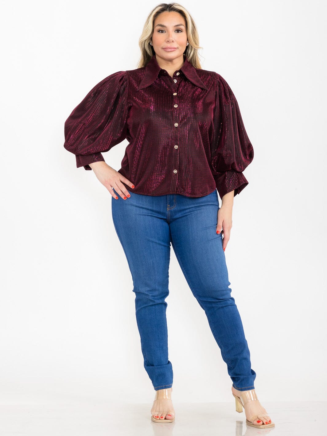 PLUS SIZE 3/4 PUFF SLEEVE BUTTON UP SHIMMER BLOUSE