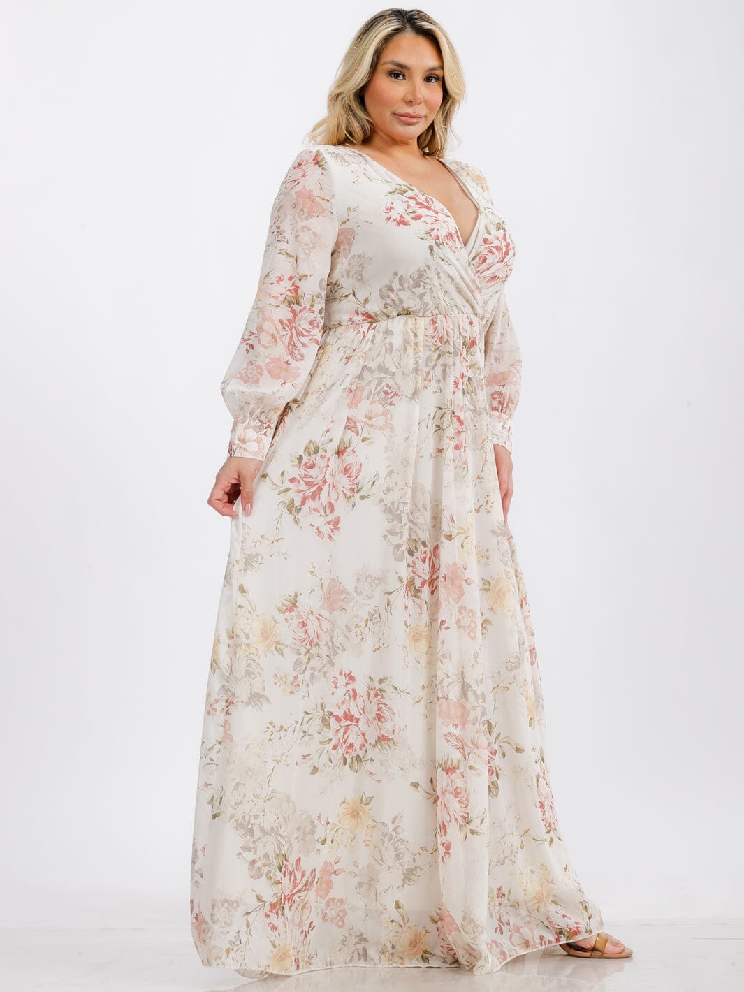 PLUS SIZE LONG SLEEVE SURPLICE SELF TIE FLORAL MAXI DRESS