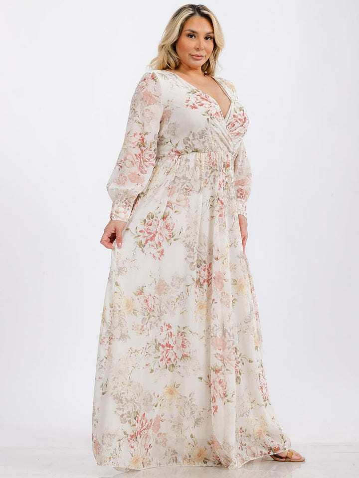 PLUS SIZE LONG SLEEVE SURPLICE SELF TIE FLORAL MAXI DRESS